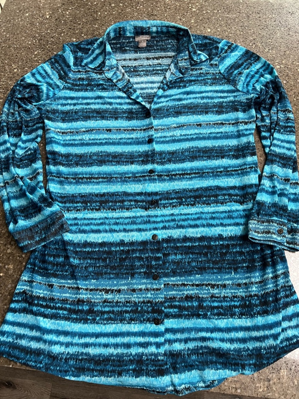 Travelers Collection by Chico's Teal & Black Button Down Semi Sheer Top Size 1